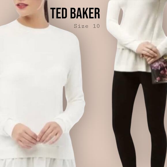 Ted Baker Yaline Ruffle Hem Overlay Woven Jumper Sweater Ivory Size Large - Picture 1 of 9